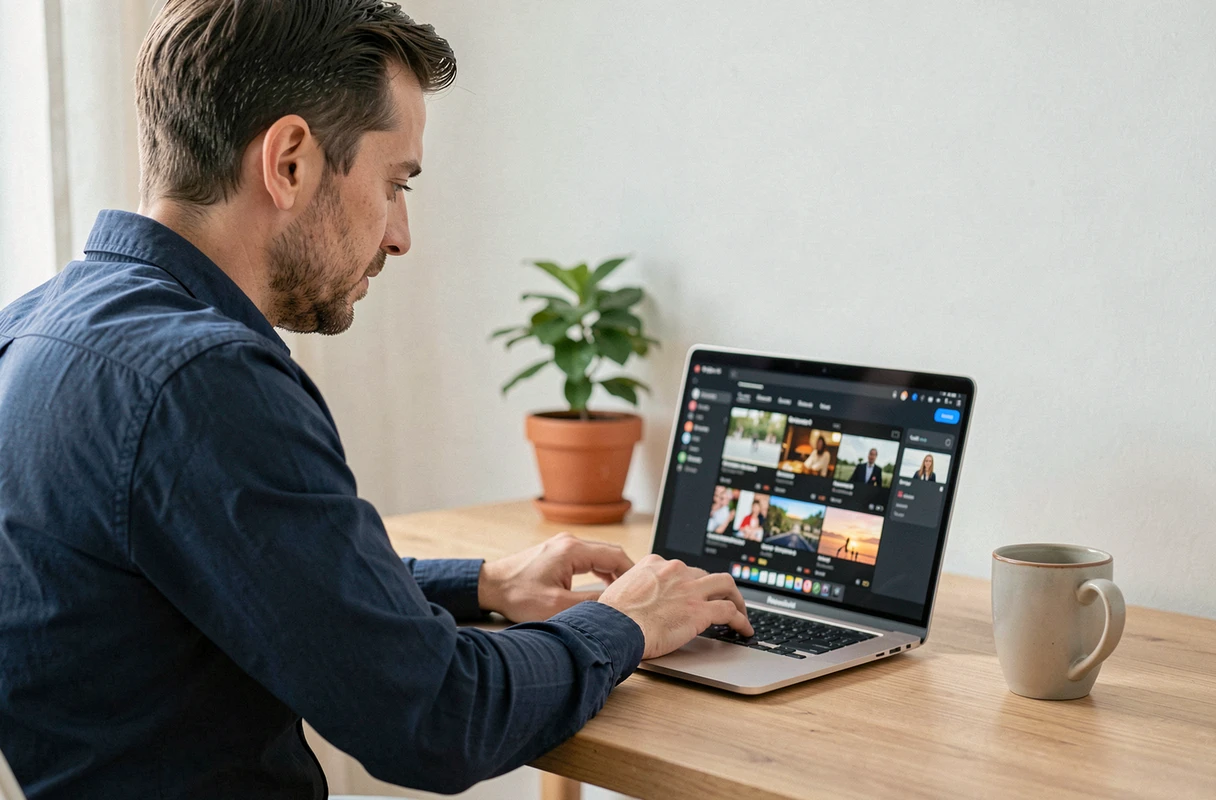 Homme consultant un guide d'accès à une plateforme de streaming sur ordinateur portable au bureau