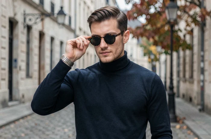 Homme stylé avec montre minimaliste et lunettes écaille dans une rue pavée européenne en automne