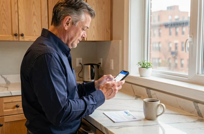 Homme consultant une application de gestion financière sur smartphone dans une cuisine moderne