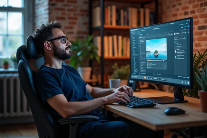 Homme adulte utilisant un service de streaming en ligne sur grand écran depuis son bureau à domicile
