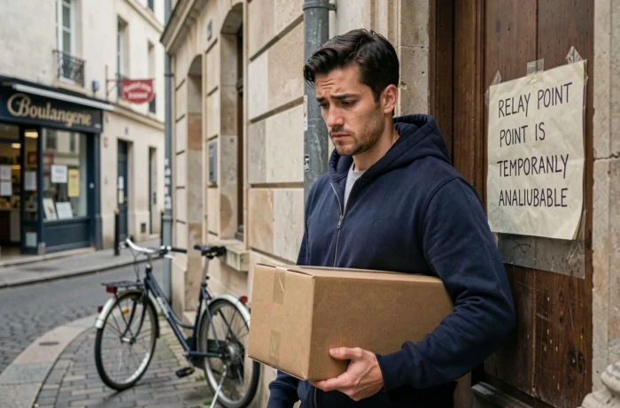Homme tenant un colis devant un commerce fermé affichant l'indisponibilité du point relais Vinted