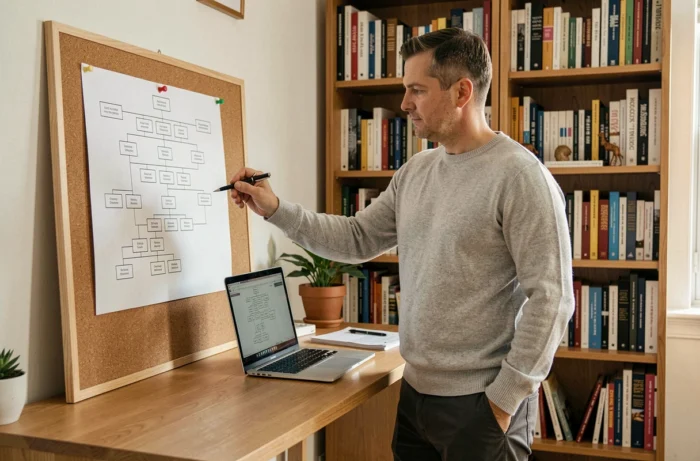 Homme consultant un plan de site imprimé dans un bureau à domicile bien organisé