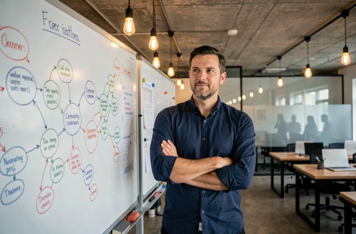 Homme en espace de coworking planifiant sa recherche d'emploi sur un tableau blanc