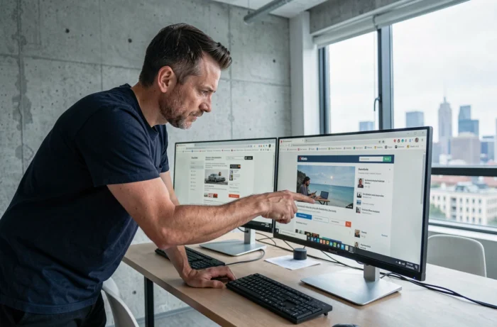 Homme analysant des sites de téléchargement sur un double écran dans un appartement moderne avec vue urbaine
