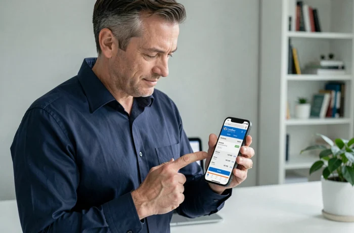 Homme consultant sa facture Carrefour sur une application mobile dans un bureau à domicile