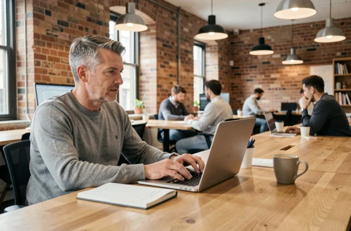 Un homme en formation professionnelle en ligne dans un espace de coworking moderne