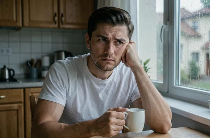 Homme pensif à une table de cuisine regardant par la fenêtre sous la pluie, symbolisant la gestion des émotions et la prise de conscience d'une dépendance affective