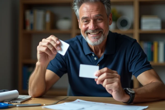 Homme inspectant une carte plastifiée dans un bureau à domicile entouré de matériaux de découpe