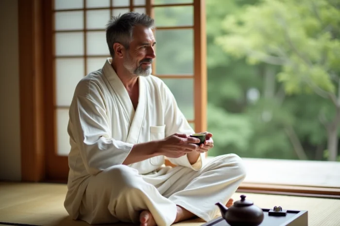 Homme occidental en jinbei d'hôtel japonais savourant un thé vert assis sur des tatamis