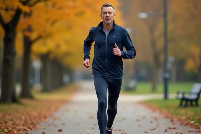 Homme faisant du jogging dans un parc en automne dans le cadre d'un programme de perte de poids