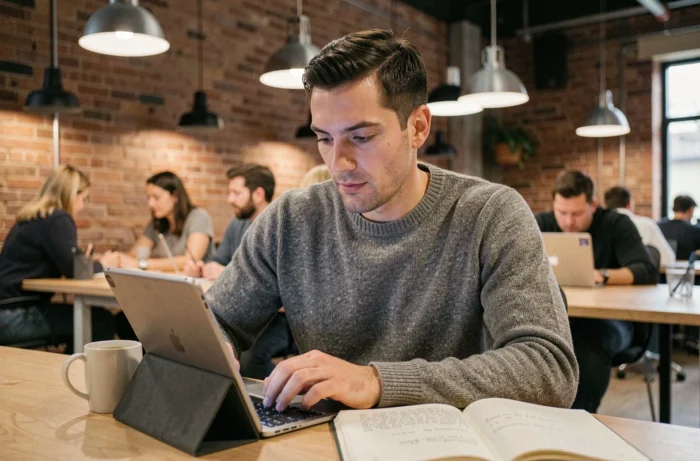 Homme lisant des informations sur l'emploi en ligne sur une tablette dans un espace de coworking