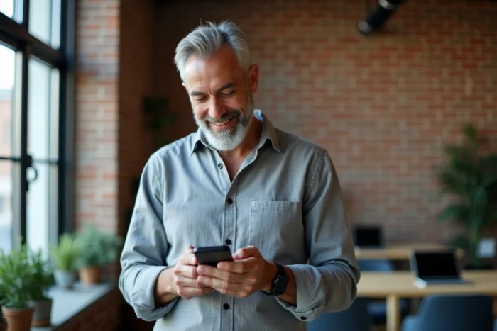 Homme consultant une mise à jour d'application sur smartphone dans un espace de coworking