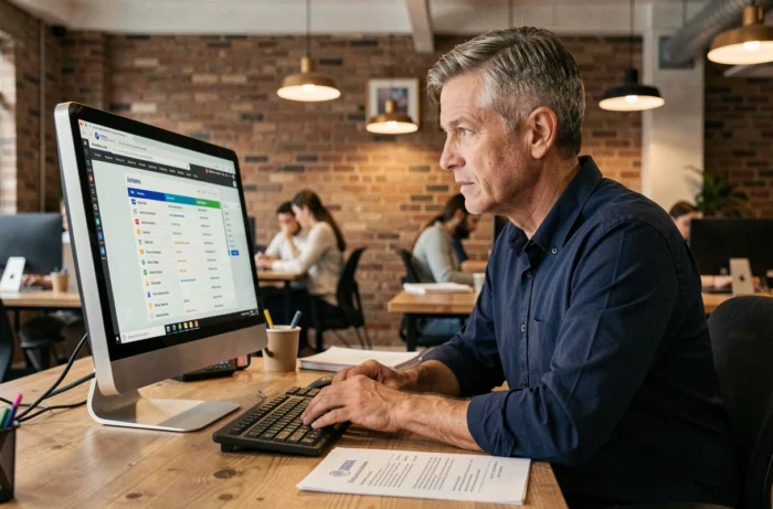 Homme consultant des offres d'emploi sur un écran d'ordinateur dans un espace de coworking avec son CV imprimé