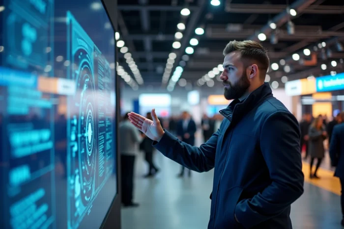 Homme interagissant avec un écran tactile géant lors d'un salon technologique, symbolisant les innovations numériques et l'IA