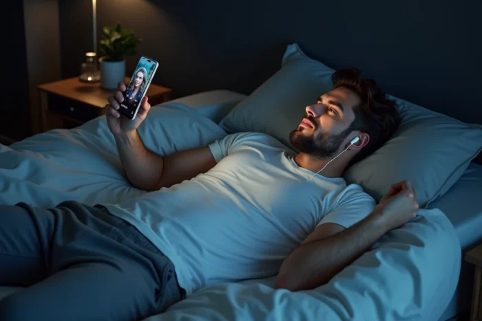 Homme regardant une série en streaming sur smartphone allongé dans sa chambre avec des écouteurs