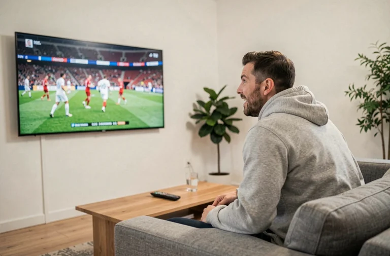 Homme regardant un match de football en streaming sur grand écran dans son salon