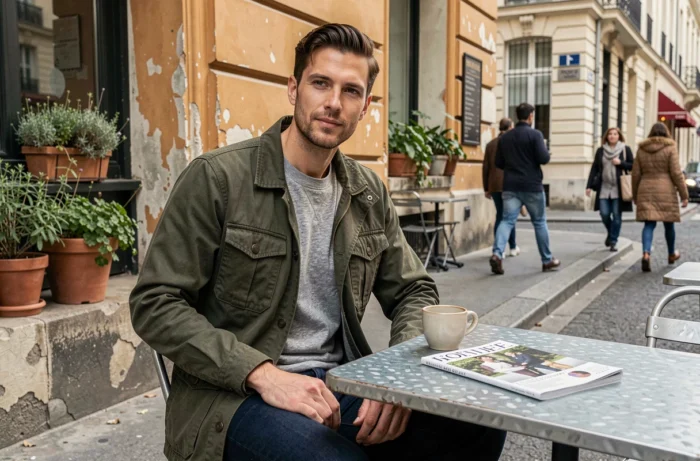 Homme stylé en veste utilitaire olive assis en terrasse de café parisien, incarnant les tendances lifestyle urbaines actuelles