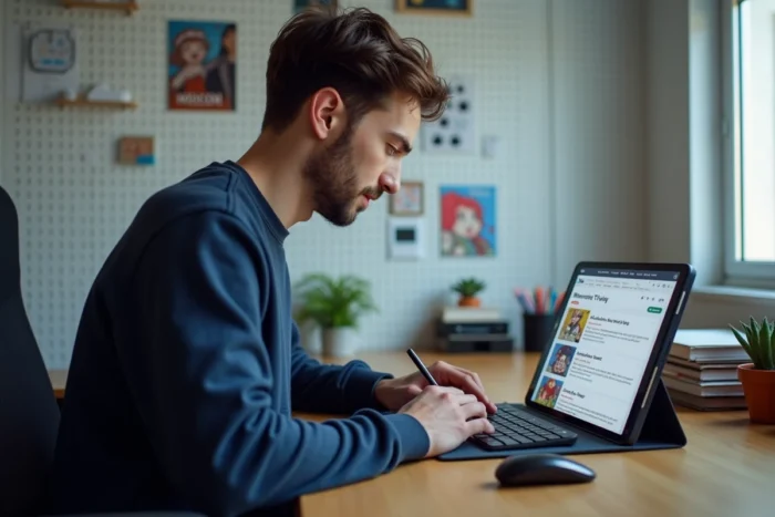 Jeune homme utilisant une tablette pour suivre ses webtoons préférés sur une application de gestion de séries comme Epsilonscan, dans un bureau créatif