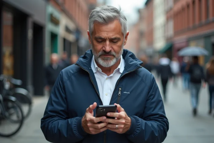 Homme debout en ville consultant les paramètres de l'application Mappy sur smartphone pour rétablir le guidage vocal