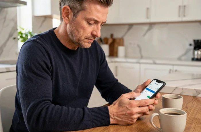 Homme effectuant un virement SEPA depuis une application bancaire mobile dans sa cuisine