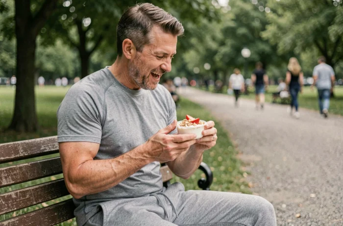 Homme mangeant un yaourt aux fraises et granola sur un banc de parc en plein air