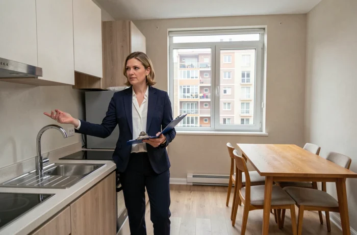 Gestionnaire immobilière inspectant un studio meublé en location LMNP avec clipboard et mobilier moderne