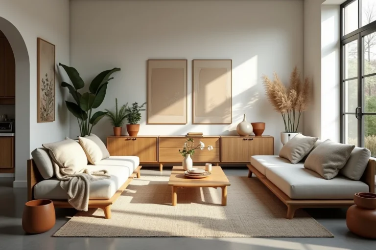 Salon moderne et stylisé présentant plusieurs inspirations déco tendance combinées dans un espace ouvert harmonieux