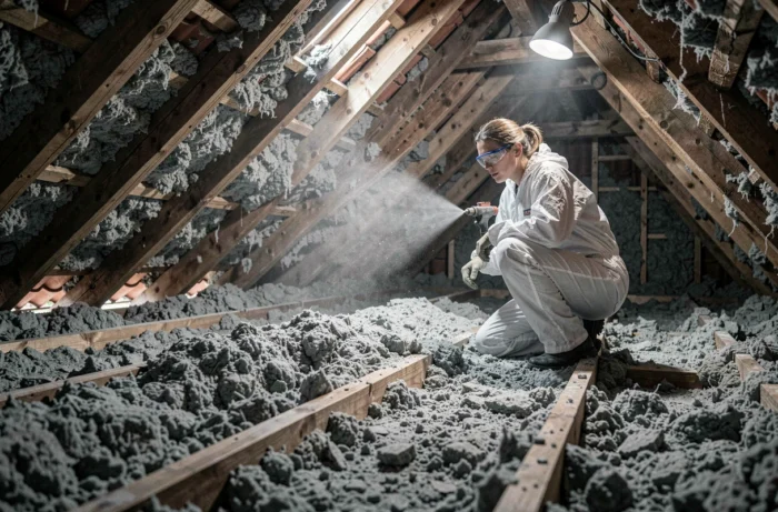 Technicienne installant une isolation en ouate de cellulose soufflée dans les combles d'une maison française, avec chevrons en bois apparents