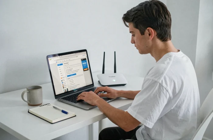 Jeune adulte recherchant le mot de passe WiFi Freebox sur ordinateur portable à son bureau à domicile