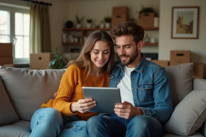 Jeune couple consultant le portail al'in sur une tablette pour comparer les options de demande de logement social