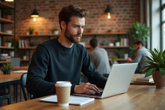 Jeune entrepreneur travaillant sur laptop dans un espace de coworking moderne avec atmosphère startup créative