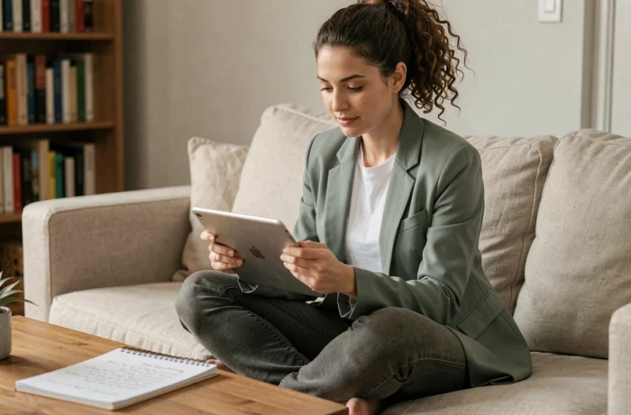 Jeune femme utilisant une plateforme de CV en ligne sur une tablette depuis son salon pour booster sa recherche d'emploi
