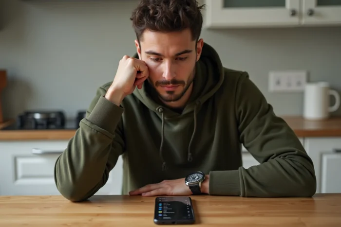 Jeune homme assis à une table de cuisine vérifiant les paramètres audio de l'application Mappy sur son smartphone