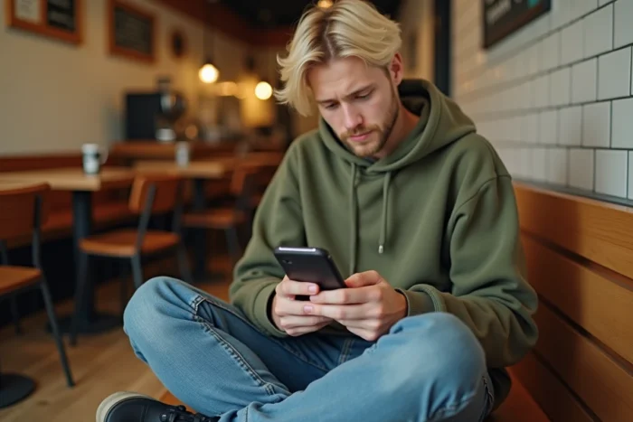 Jeune personne confuse par une erreur d'authentification sur smartphone dans un café