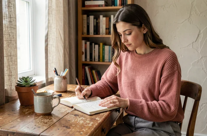 Jeune femme écrivant dans un journal de développement personnel à son bureau en bois près d'une fenêtre, ambiance cocooning et introspective