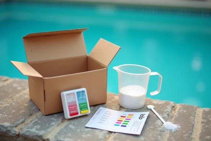 Kit de test de pH et percarbonate de soude posés près d'une piscine pour équilibrage de l'eau