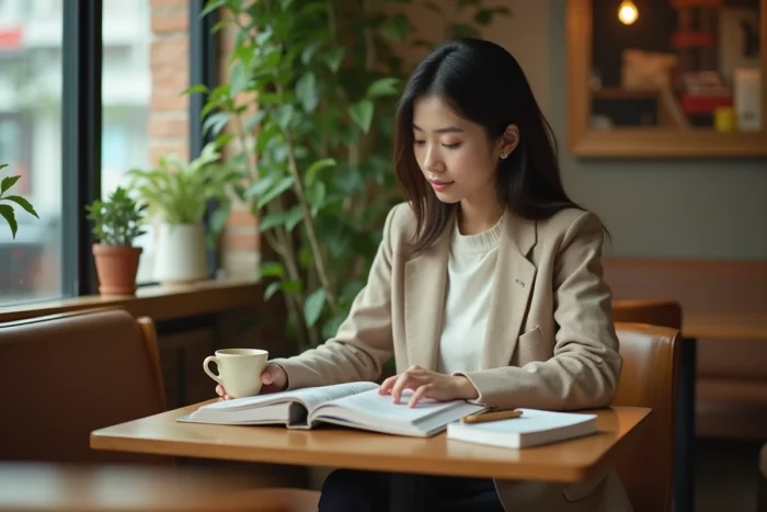 Jeune femme lisant un manga dans un café traditionnel de Kyoto avec du matcha