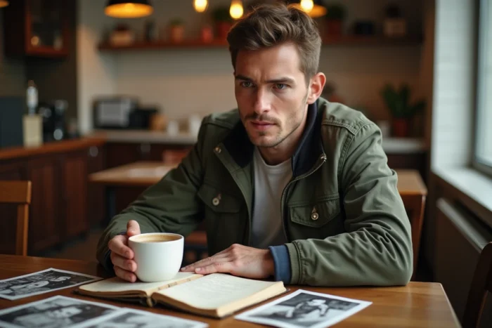 Un ancien élève devenu adulte feuillette un vieux cahier scolaire dans un café, évoquant une lettre ouverte de gratitude pour sa maîtresse retraitée