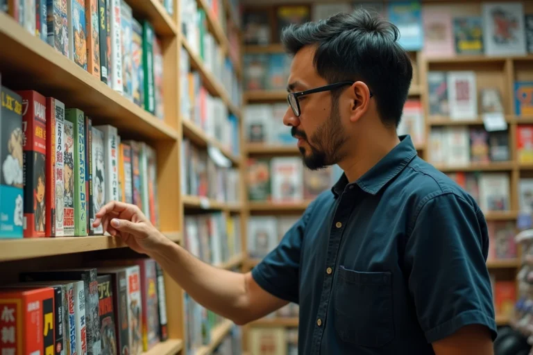Libraire japonais parcourant des rayonnages de mangas dans une boutique spécialisée de Tokyo