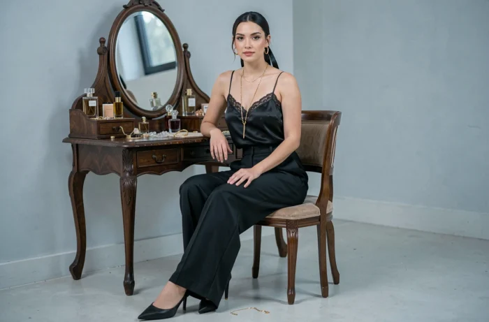 Femme assise devant une coiffeuse vintage portant un caraco en satin noir avec accessoires dorés et ruban en satin dans les cheveux