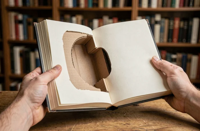Livre évidé aux pages creusées et renforcées de carton servant de cachette secrète dans une bibliothèque