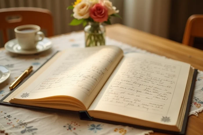 Un livre d'or ouvert sur une table de fête scolaire, rempli de messages manuscrits colorés pour célébrer le départ à la retraite d'une maîtresse