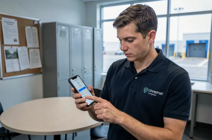 Livreur Chronopost consultant son compte CSE sur smartphone dans une salle de pause