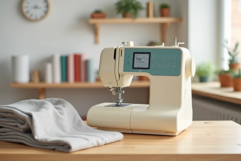 Machine à coudre Brother Innov-is 15 posée sur une table d'atelier en bois dans un espace couture bien organisé
