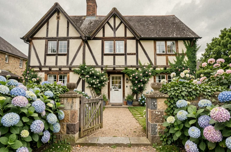Façade authentique d'une maison d'hôtes normande à colombages entourée de roses et d'hortensias en fleurs
