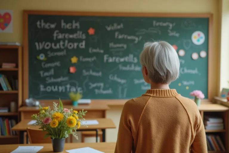Une enseignante en fin de carrière sourit dans sa salle de classe décorée de messages d'adieu et de fleurs sauvages lors de son départ à la retraite