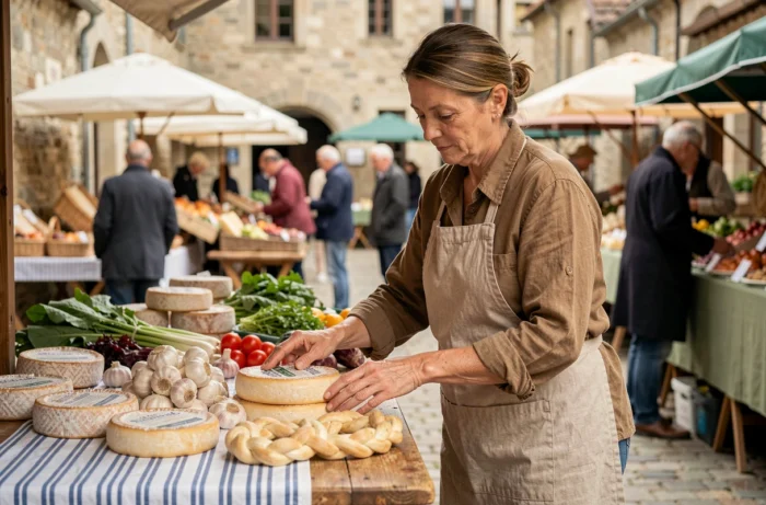 Femme bourguignonne présentant des produits locaux dont du fromage Époisses sur un marché en plein air à Charny