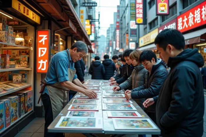 Stand de vente de mangas et de produits dérivés dans le quartier d'Akihabara à Tokyo