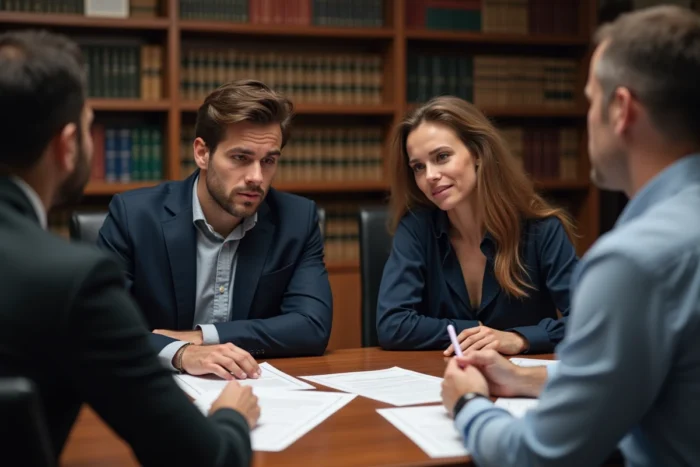 Couple mixte consultant un avocat spécialisé en droit de l'immigration pour les implications juridiques du mariage avec une OQTF