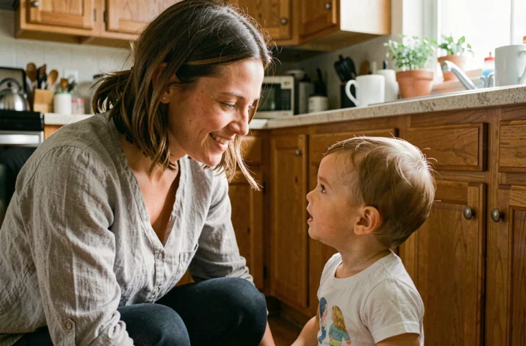 Mère accroupie au niveau de son enfant en bas âge dans une cuisine chaleureuse, partageant un moment complice du quotidien